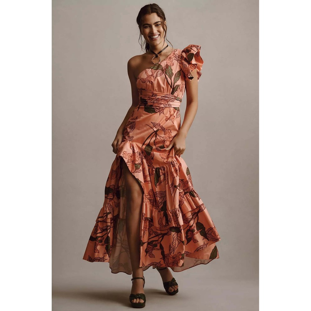 Hutch One Shoulder Floral Maxi Dress Peach Coral Tropical Ruffle Tiered 6P
